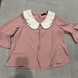 [US8]Hide & Seek Cat Faced Cream Collars Blush Pink Women's Blouse